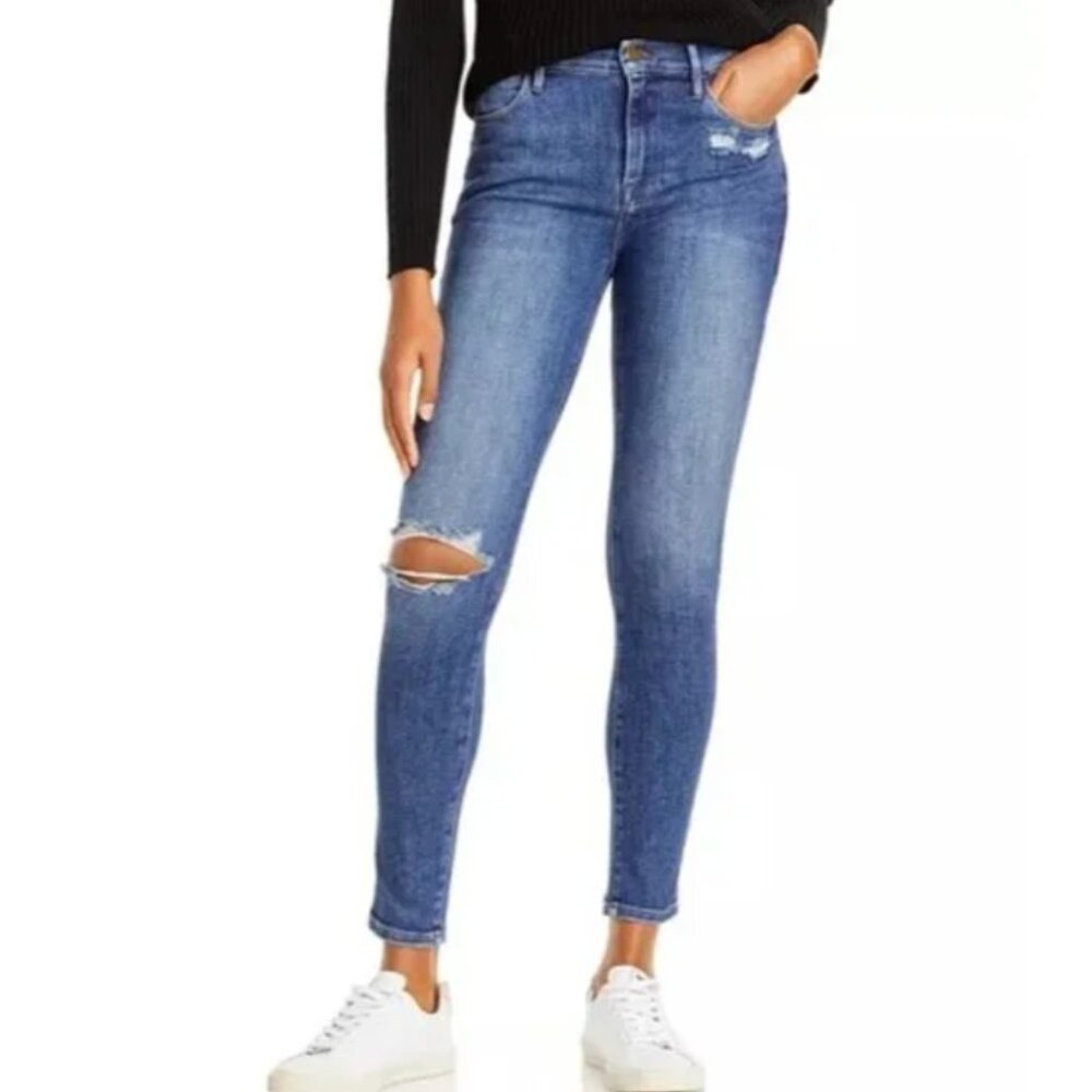 FRAME le skinny high rise denim distressed knee jeans saxon 28